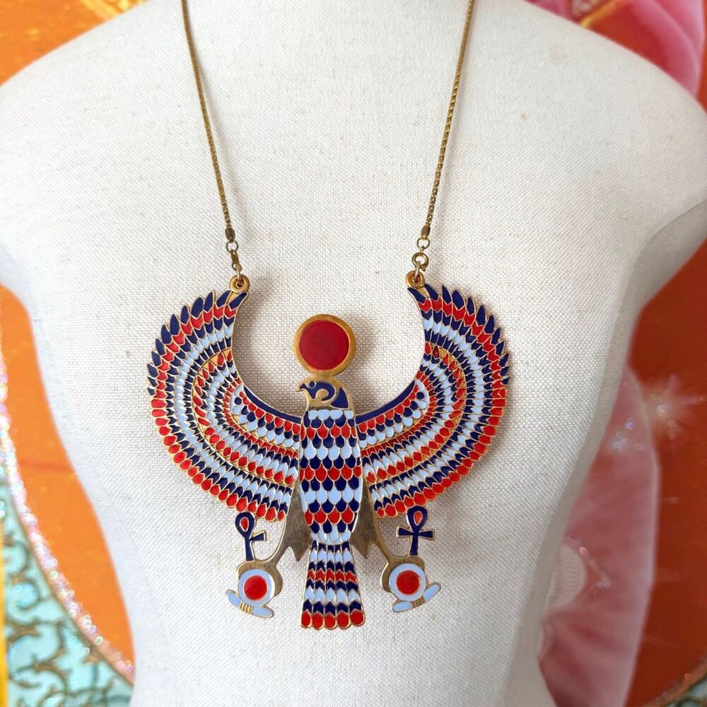 Large Egyptian Horus Ankh Cloisonné Enamel Necklace Gold Tone Falcon Statement P